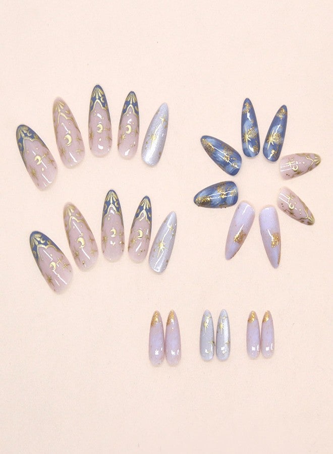 Vopintpy Gold Star Moon French Tip Press on Nails Gold Foil Cat Eye Fake Nails with Design Glossy Long Almond Artificial Stick on Nail Full Cover Acrylic Glue on Nail for Women DIY Manicure - Image 3